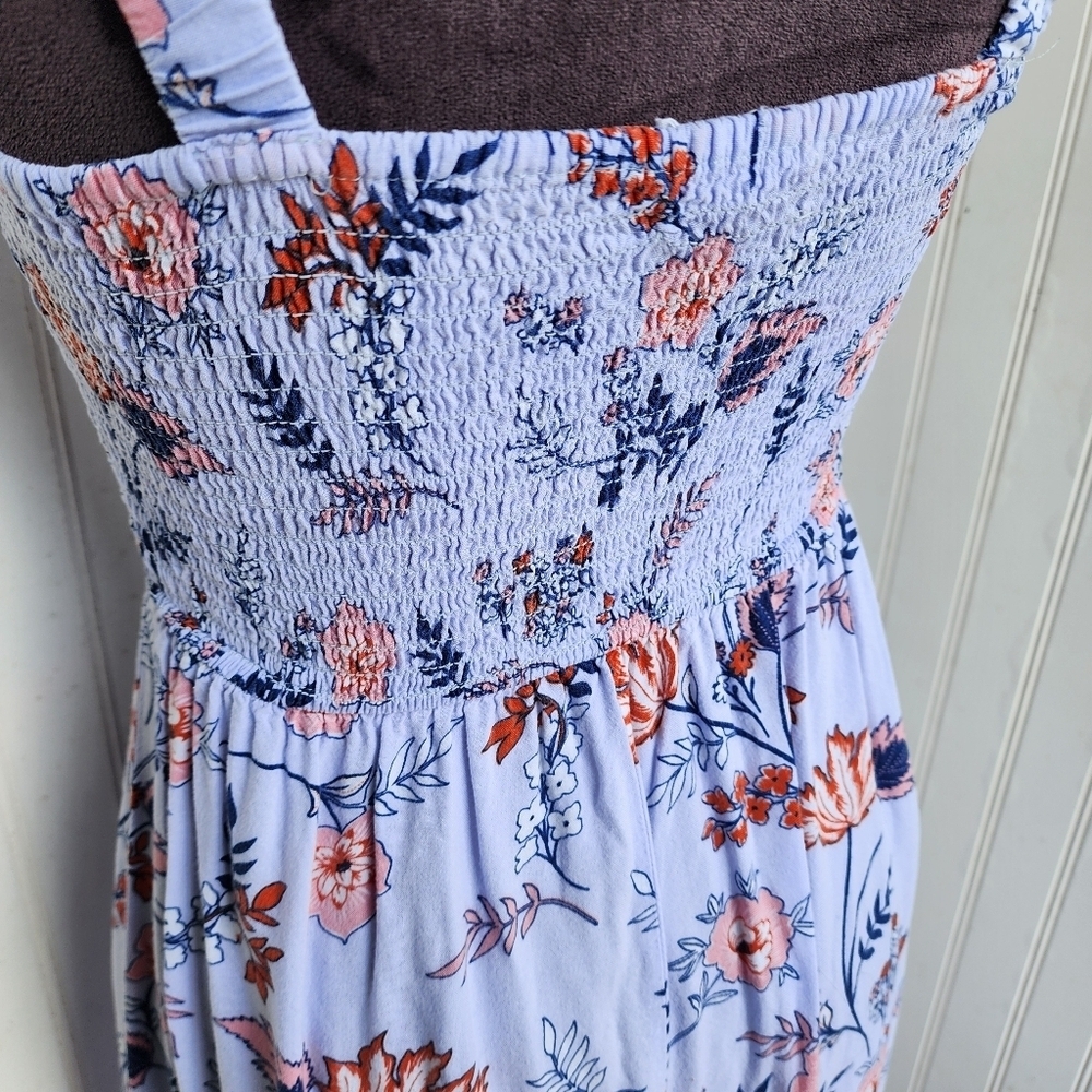 Japna Dress Womens Lilac Blue Floral Long Maxi Smocked Tie Straps Rayon Sz S - Picture 8 of 12
